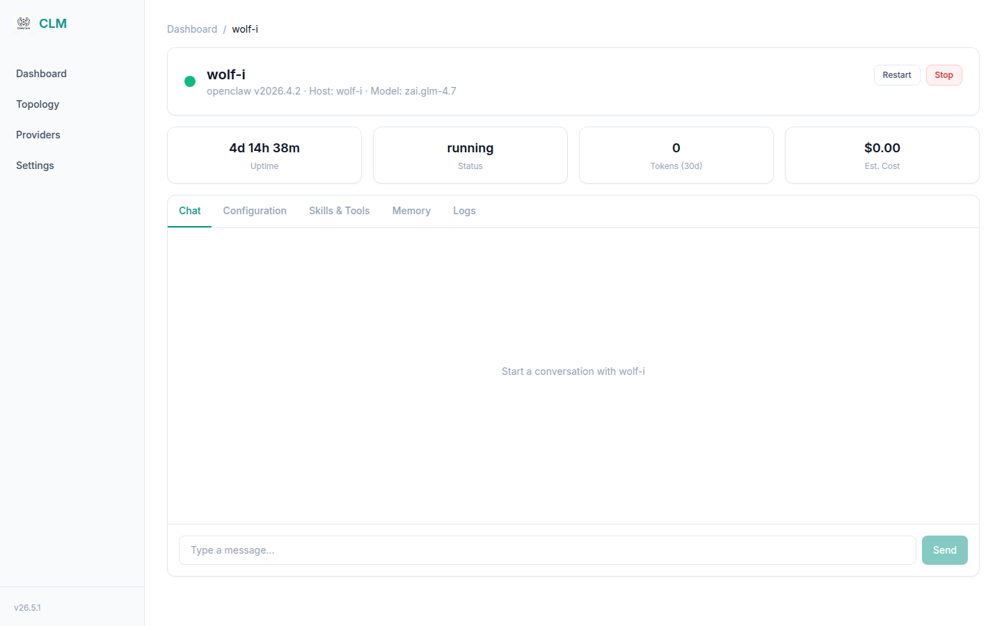 Agent detail page with chat tab active and "Start a conversation" prompt