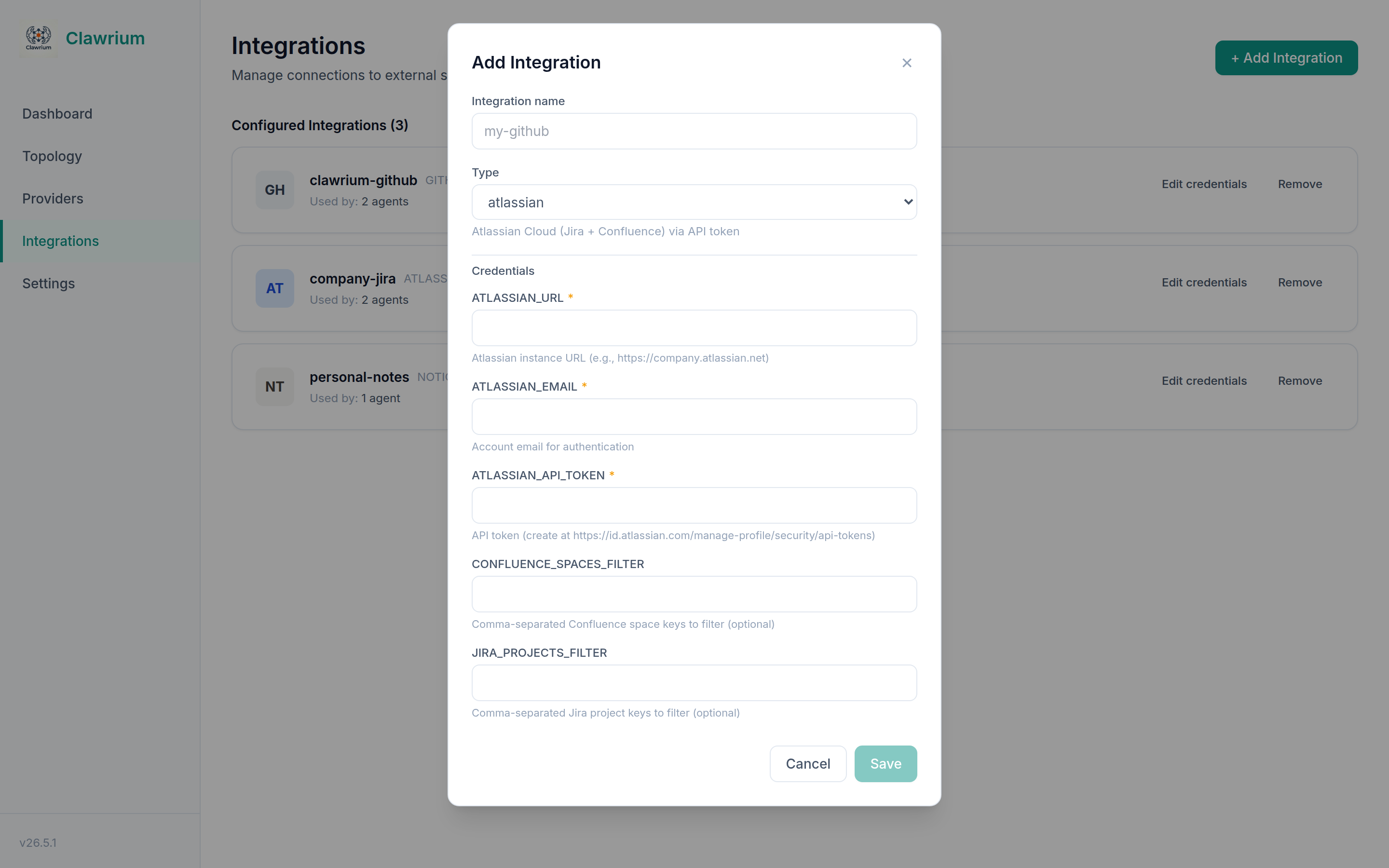 Add Integration modal with the atlassian type selected and five dynamic credential fields