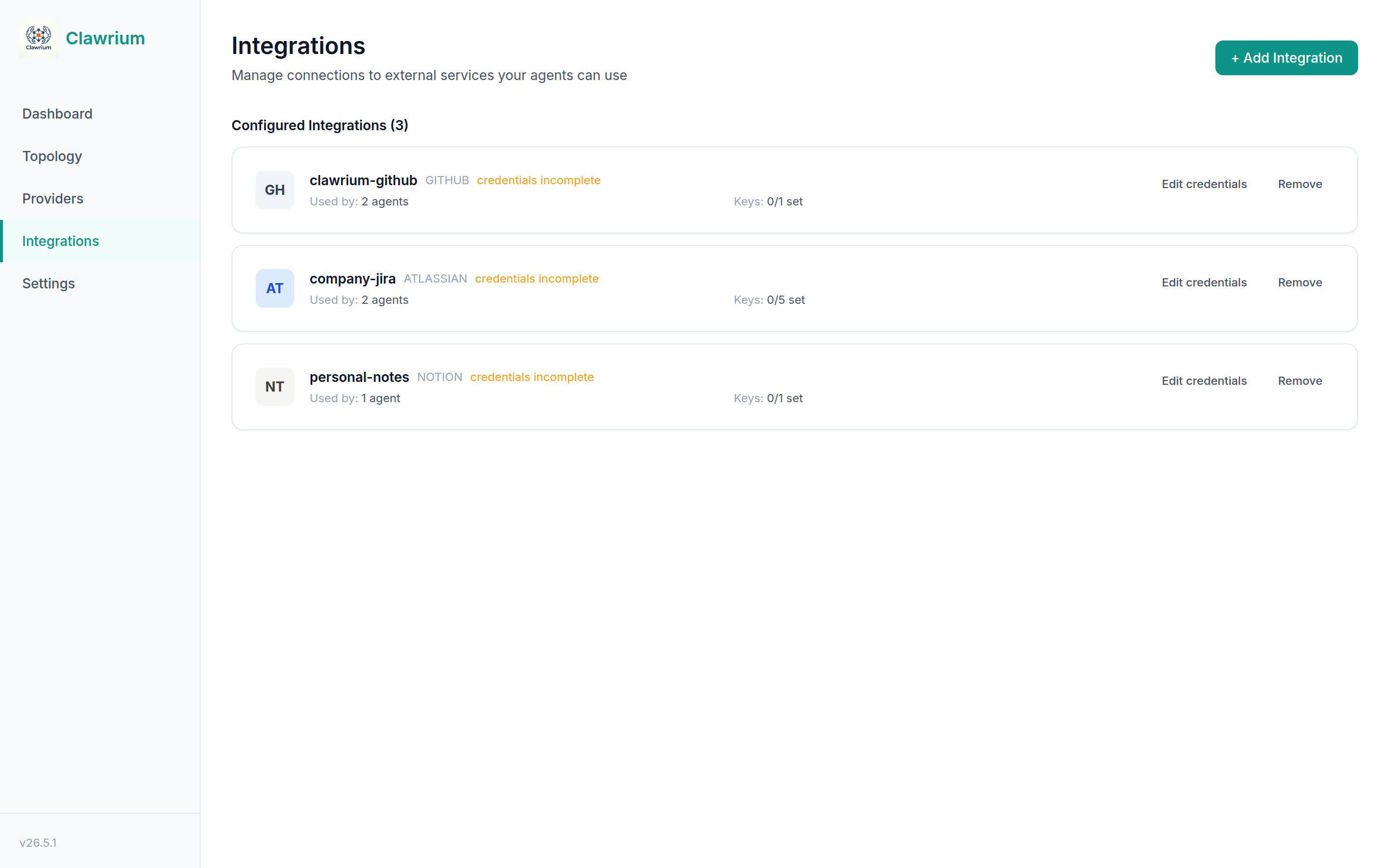 Integrations page with three configured integrations and per-row agent counts