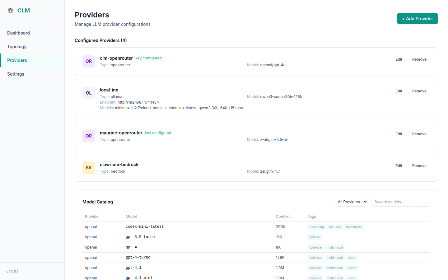 Providers page with four configured providers and a model catalog below