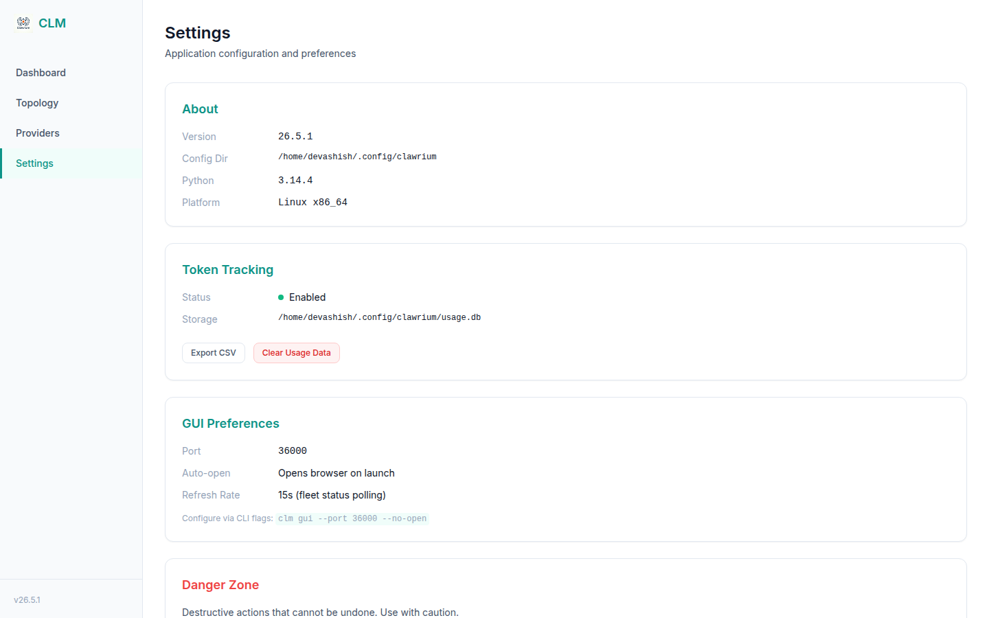 Settings page with About, Token Tracking, GUI Preferences, and a Danger Zone section